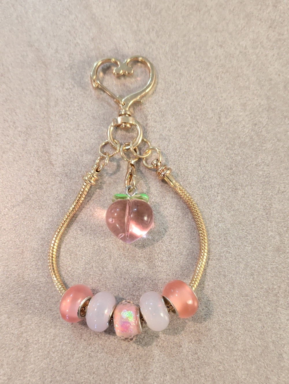 Gold-Tone Charm Bracelet Keychain with Pink Glass Peach and Beads